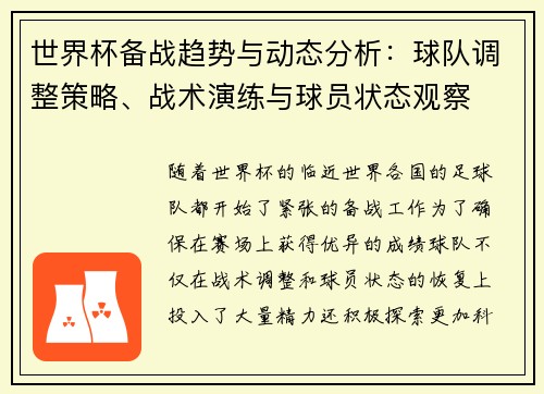 世界杯备战趋势与动态分析：球队调整策略、战术演练与球员状态观察